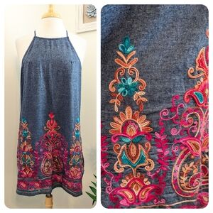 Entro Halter Embroidered Denim Sleeveless Mini Dress Blue Multicolor Large